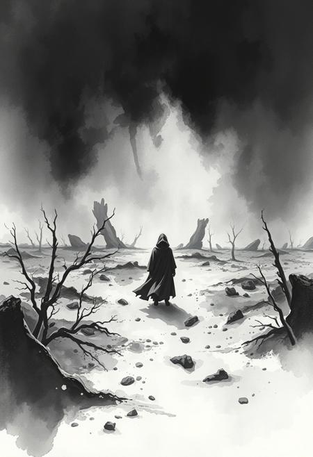 A classic black and white watercolor painting depicting a mysterious figure in a dark, overpopulated wasteland, dramatically lit and with intense detail. The barren landscape evokes an apocalyptic atmosphere through its delicate, translucent washes and fluid brushstrokes. The scene blends beauty and darkness.