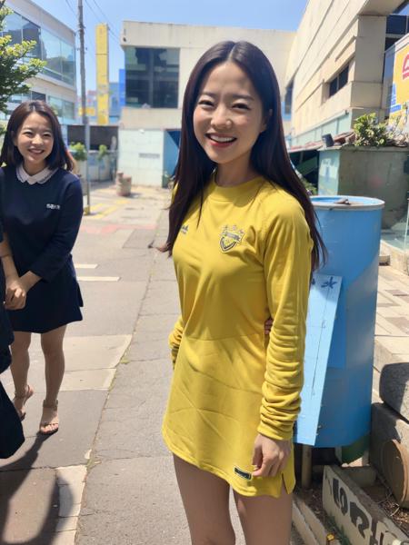 PBYoung, wearing footbal clothes, standing on a city street, smiling, detailed face, (8k, RAW photo, best quality, masterpiece:1.2), (realistic, photo-realistic:1.37), professional lighting, photon mapping, radiosity, physically-based rendering, 1girl  <lora:PBYoungtest:1>