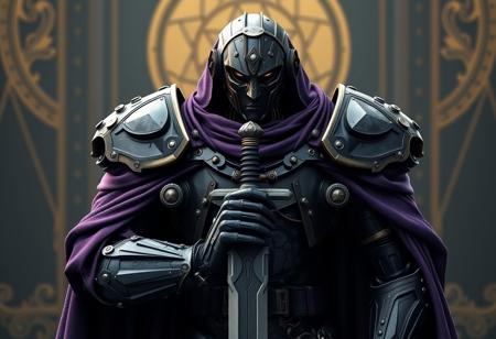 Create a highly detailed, 8k panorama shot of a dieselpunk robot, inspired by Charles Fremont Conner's style, wearing a full-body purple cloak and heavy armor, with a refined face and muzzle, holding a sword. Incorporate dark paint and design elements reminiscent of Alphonse Mucha's art nouveau style, using Unreal Engine. Ensure the image is symmetrical and features the robot in a powerful, warrior-like pose.