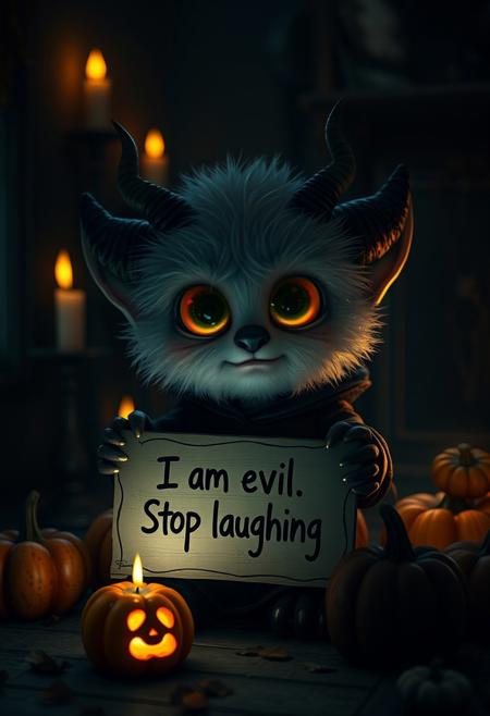 Create an image of a small, fluffy pouty creature with large cute adorable baby eyes and horns, holding a sign that says "I am evil. Stop laughing." The creature is surrounded by candles in a dimly lit room, giving off an eerie yet whimsical atmosphere. Make the character cute adorable child-like and dressed in a Halloween costume. Add some pumpkins around the character. Make the pumpkins glow.  the background is a spooky forest. moody, grainy, noisy, concept art, by Alberto Seveso, Cyril Rolando, Dan Mumford, Meaningful Visual Art, Detailed Painting, Digital Illustration, Unreal Engine 5, 32k maximalist, hyperdetailed fantasy art, 3d digital art, sharp focus, masterpiece, fine art"
.
<lora:Dever_Flux_Enhancer:0.5>
<lora:midjourney_whisper_flux_lora_v01:0.65> Midjourney_Whisper
<lora:Midjourney_-_SemiReal_Dreams_FLUX_LoRA:0.65>
<lora:Dreamy_Illustrations_FLUX_LoRA-000001:0.65>