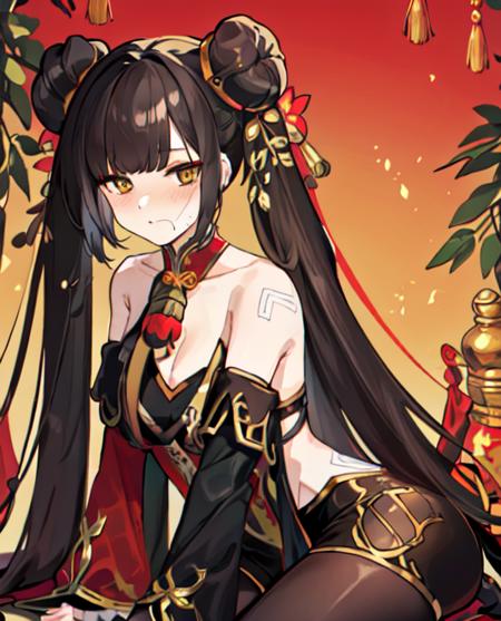 forest, (best quality:1.3), (masterpiece:1.1), (illustration:1.2), (ultra-detailed:1.2), beautiful detailed eyes, (Extremely detailed forest background:1.1), <lora:CHAR Li Dailin:0.9>, black hair, double bun, Li Dailin, (masterpiece), (bestquality), (absurd res), (intricate details), holding bottle, sitting, drinking, (highly detailed), detailed eyes, golden eyes, temple, red china robes, ambient lighting, pantyhose, 1 girl, ((solo)), shading, cowboy shot