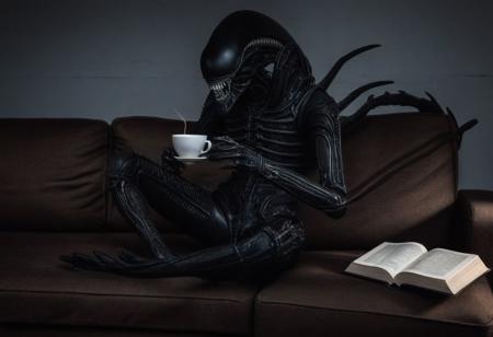masterpiece, best quality, realstic photo, a xenomorph sit with legs crossed on the couch, reads a book, holding coffee_cup, BREAK, luxury room, floating neon heart,