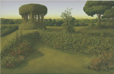 style of Roger Dean, boscage ,hedgerow,patch ,stand ,estate ,