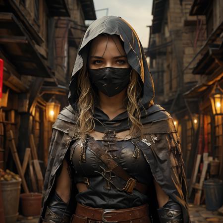 <lora:RPGBandit:1> bandit, 1girl, solo, blonde hair, boots, belt, ((hood)), knife, mask, cape, armor, weapon,  ((medieval alley)), ((night))