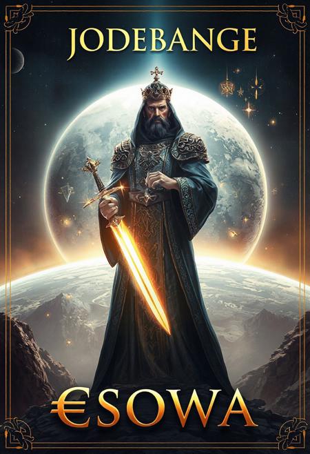 Create an epic, detailed book cover for a biography of Emperor J0DEBANGE the Eternal, who brought about the evolution of civilizations on the planet €SOWA.
The design should include:
Background: A stylized representation of the planet €sowa, with its name "€SOWA" subtly integrated into the design, using magical symbols and elegant patterns.
break
Main character: A majestic illustration of Emperor “J0DEBANGE” in the foreground, dressed in ornate midnight-blue imperial robes and holding a sword of light symbolizing his power and wisdom.
break
Light theme: Luminous elements surrounding the emperor, such as rays of golden light or brilliant auras, to reflect his honorific title of 'son of light'.
break
Mystical elements: Arcane and magical symbols floating around him, representing his status as 'Prince of Arcana'.
break
Book title: the emperor's name "J0DEBANGE" at the top, and the planet's name "€SOWA" at the bottom, in elegant, legible typography.
break
Art style: A blend of epic fantasy and science fiction using the Luis Royo style, with rich details and vibrant colors to capture attention.
break
General ambience: An atmosphere of grandeur and mystery, evoking epic tales and ancient legends."
Translated with DeepL.com (free version)