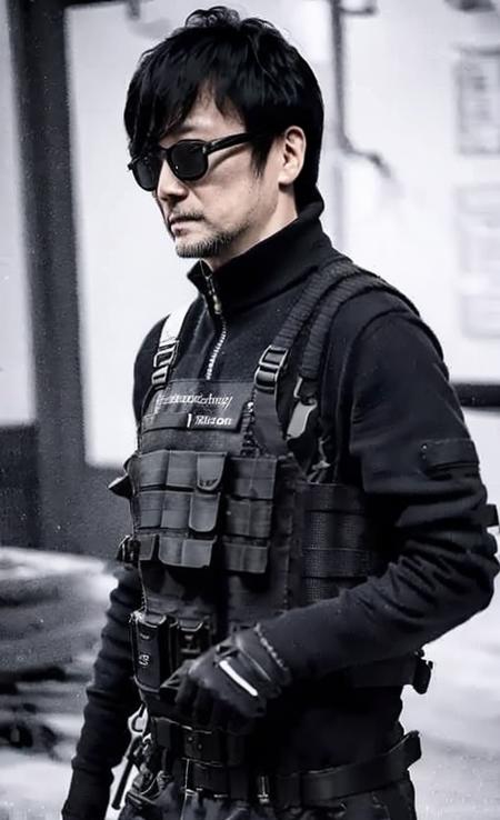 <lora:hideoKojima:1>, hideokojima, masterpiece, <lora:urbanSamurai_V03:1>,black gloves,black tactical vest,, best quality, ultra high res, (photorealistic:1.4),