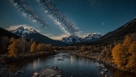 ((masterpiece:1.4,best quality)), cloud, outdoors, night, stars, moon
(mountains), spring glade, scenery, sky, winter, village, tree, river,
 high detail, abundant, 8k, high detail, wallpaper,