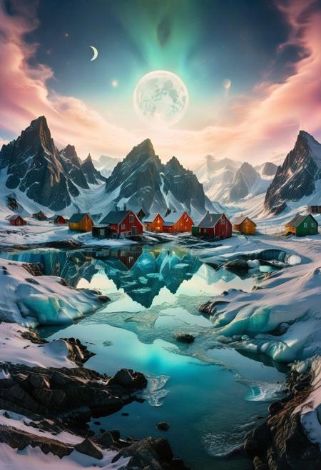 (by Ellen Jewett:1.5), (Bioluminescent Impressionism, Greenland  landscape, The Dreamland,, their peaks veiled in mist. mixed media, surrealism, great lighting, A surreal landscape highly detailed . extremely high-resolution details,  appears trapped in an optical illusion of reflections and refractions colorful , mountains and village in Greenland, professional photography, natural lighting, volumetric lighting maximalist. intricately detailed, complex, elegant, expansive, fantastical,snow, ice, night, moon,  ethereal landscapes, depth of field, biotech emotion:1.3) <lora:xl_more_art-full_v1:0.5> <lora:add-detail-xl:1> <lora:RMSDXL_Creative:2>. GhostlyStyle