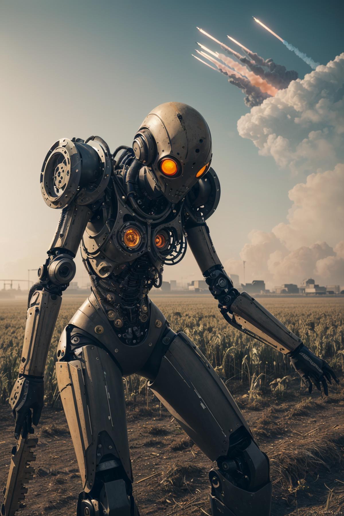 A large robotic figure with glowing eyes stands in a field, surrounded by power plants and industrial machinery.