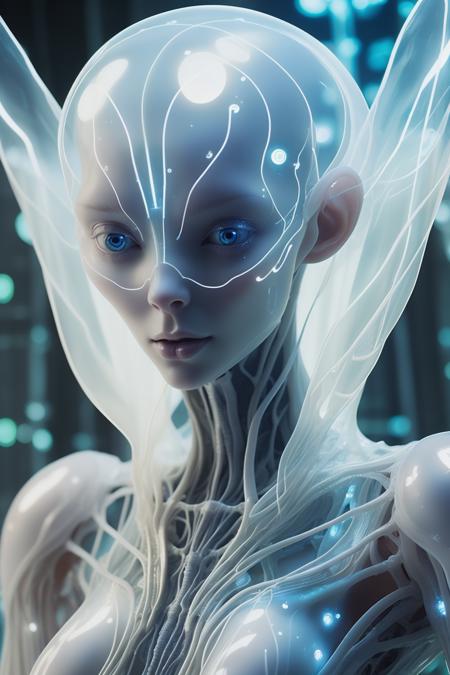 fantchar, a translucent ethereal alien with delicate features in a sci-fi setting, glowing from within, sparks and lights, moonlight, moon, close-up, realistic, highly detailed, intricate