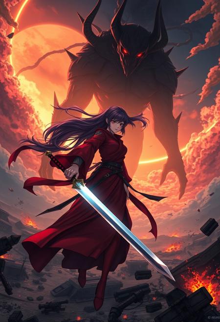 female warrior in red robes, long flowing hair, glowing sunset clouds, giant shadow demon, glowing red eyes, dramatic fantasy scene, sword in hand, windswept battlefield, embers and debris, heroic stance, epic confrontation, mystical atmosphere, cinematic lighting, space opera, elongated character designs, romanticism, dramatic lighting, futuristic settings, intricate machinery, melancholic tones, cosmic themes, nostalgic atmosphere, bold linework, dynamic storytelling, emotional depth, anime and manga aesthetics.