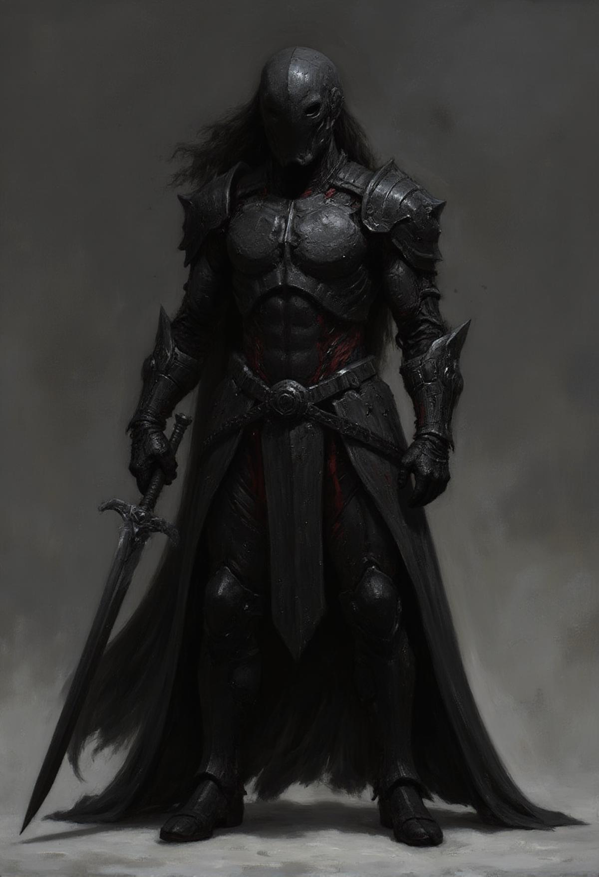 A dark, armored warrior stands poised, wielding a long, sharp sword. The armor is intricately designed with sharp edges, metallic finishes, and hints of red, suggesting a fierce and formidable presence. The background is muted, allowing the warrior to be the focal point. The level of details, from the armor's engravings to the flow of the warriors' hair, is meticulous, and the overall style is dark and fantastical. masterful composition concept art with fine line artwork with a touch of oil painting,   <lora:Eldritch_Painting_Flux_1.0.2:1>  <lora: - Flux1 - vanta_black_V1.0:.7>