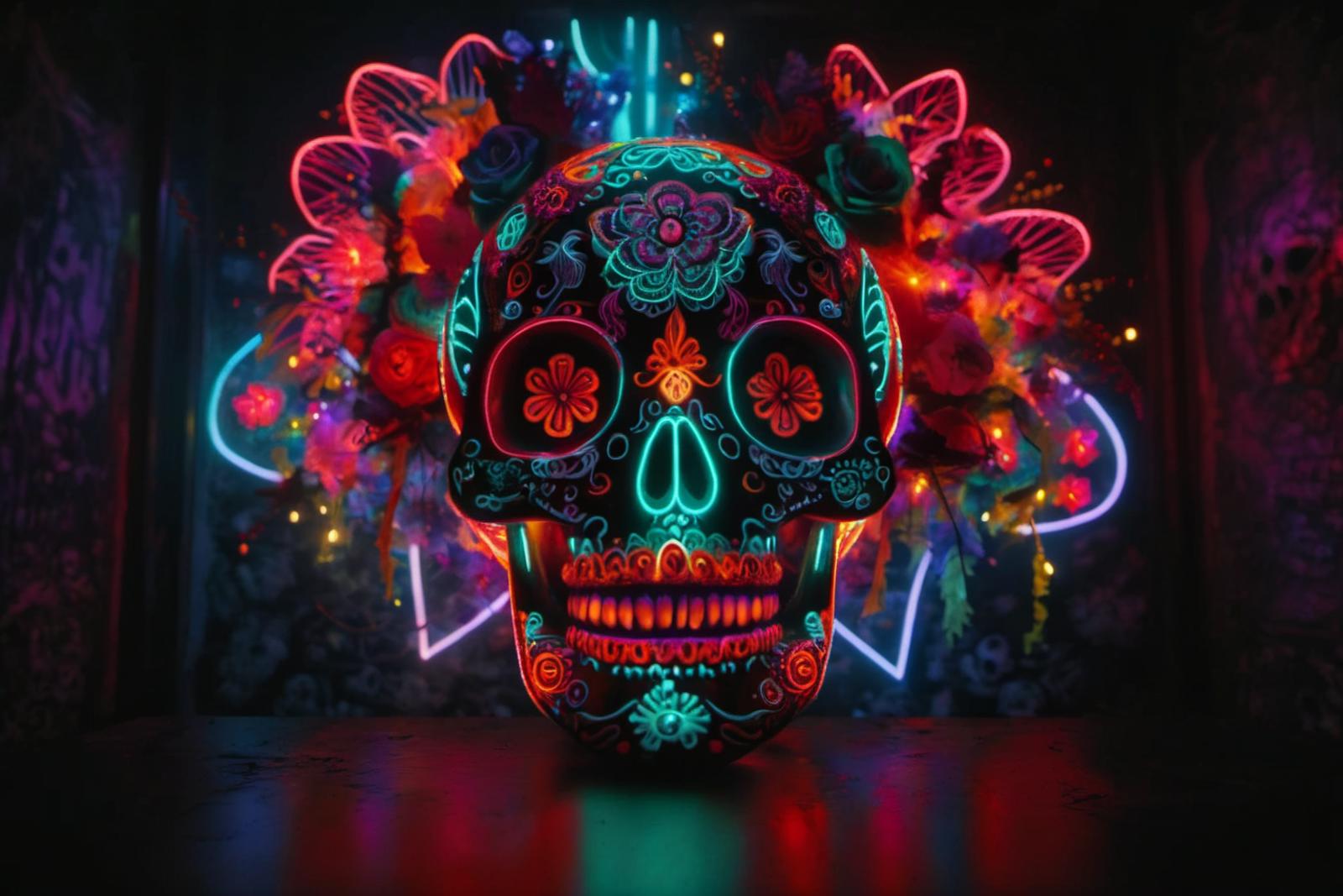 A neon lights skull head with a colorful flower crown.