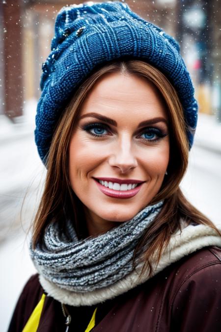 Candid photo of a young Spanish woman, age 20, wearing winter clothing with a warm scarf and a cozy hat, smiling gently, upper body framing, on a snowy street in Madrid under the soft diffused lighting of a cloudy winter day, shot at eye level on a Canon EOS 5D with a 50mm lens, in the style of Alberto Seveso., (masterpiece, best quality, hires, high resolution:1.2, 4k, 8k , high quality), extremely detailed, realistic, intricate details, highres