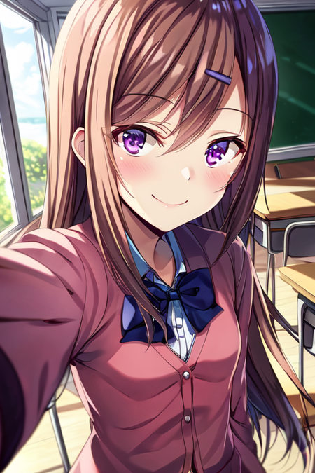 (masterpiece), (high quality:1.2, best quality:1.2), classroom, (upper body), 1girl, solo, solo focus, asahina nazuna, long hair, brown hair, hair ornament, hairclip, purple eyes, school uniform, blue bowtie, pink cardigan, white skirt, selfie, smile