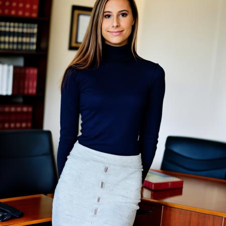 RAW photo of  avaryana, Exuding professionalism in a Turtleneck and A-line skirt at a law firm's office, (high detailed skin:1.2), 8k uhd, dslr, soft lighting, high quality, film grain, Fujifilm XT3, <lyco:avaryana:1.0>