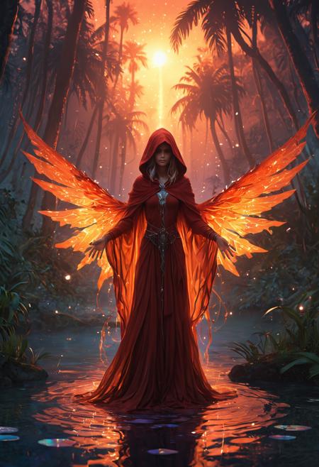 In the mystical realm of Aethoria, a lone woman with sapphire eyes and flaxen hair stands resolute beside a shimmering fairy pond, its crystalline waters reflecting the vibrant hues of a tropical sunset amidst the blurred greenery of an ancient, sentient forest, where iridescent palm trees stretch towards a sky ablaze with celestial bodies of sapphire and amethyst, as the soft focus background is punctuated by the delicate, ethereal glow of luminescent flora and the whisper of magic that rustles the leaves of the crystal forest, her flowing, hooded cloak a deep, fiery red that seems almost aflame in the fading light, its folds billowing behind her like a dark, avian wingspan, her slender fingers relaxed, yet her gaze burning with an inner intensity that hints at the presence of a power that lies just beyond the veil of the mundane.