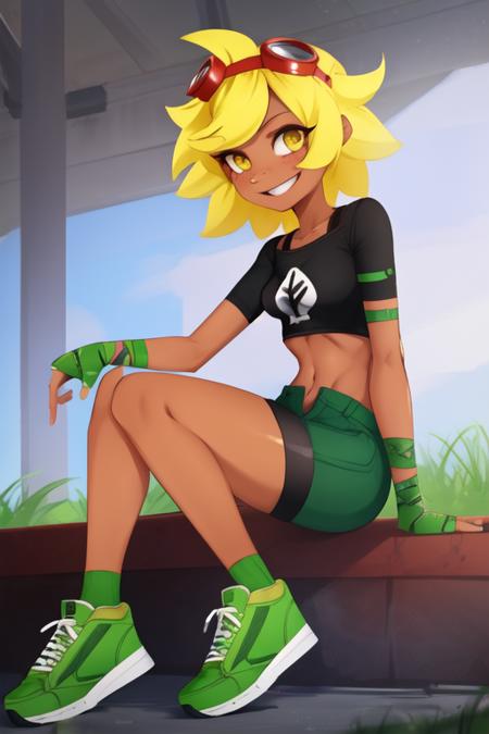 <lora:solar_flare_(plants_vs_zombies_heroes):1>, solar_flare_(plants_vs_zombies_heroes), masterpiece, best quality, 1girl, solo, goggles, blonde hair, smile, bandages, goggles on head, midriff, dark skin, sitting, green shorts, crop top, shoes, fingerless gloves, dark-skinned female, freckles, gloves, shorts, grin, green footwear, sneakers, navel, short hair, bike shorts, glowing, yellow eyes, colored sclera, looking at viewer, colored skin