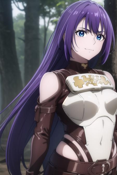 arthur pencilgon, long hair, blue eyes, hair between eyes, very long hair, purple hair, gloves, belt, armor, clothing cutout, breastplate, bare shoulders, earrings,