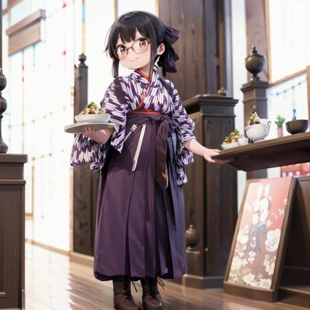 best quality, ultra-detailed, illustration,
BMC, 1girl, black hair, long hair, glasses, ponytail, hair ribbon, smile, happy, brown eyes, standing, 
waitress, japanese clothes, (yagasuri:1), hakama skirt, purple hakama, kimono, tasuki, cross-laced footwear, lace-up boots, 
holding, food, plate, indoors, table, 
 <lora:Basyamichi_uniform_SD15_V7:1>