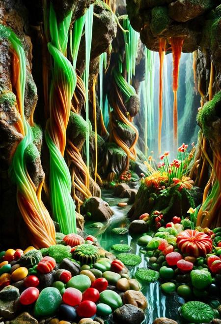 FRONTAL VIEW, FIRST PERSON VIEW, hyper-realistic, photo-realistic, hdr, The entrance to the cave is a gaping mouth on the slope of rugged cliffs, framed by sharp stones and hung with strands of moss and lichen that sparkle with moisture. When you cross the threshold, the air cools significantly, in stark contrast to the warmth outside. The ground is uneven and damp, consisting of a mixture of smooth stones and areas of soft soil that have been worn down by time.
The walls of the cave are a painting of flowers, with layers of mineral deposits creating stripes of rusty red, deep ochre and muted green hues. Stalactites hang from the ceiling like ancient chandeliers, their sharp ends sparkling, catching the faint light coming from the entrance. Some of them are thick and sturdy, while others are thin and fragile, resembling frozen waterfalls.
Deeper in the cave, the passage narrows, leading to a more spacious chamber, which opens dramatically. The ceiling here rises high above the head, decorated with complex formations resembling natural sculptures. Pockets of crystals protrude from the walls, rel