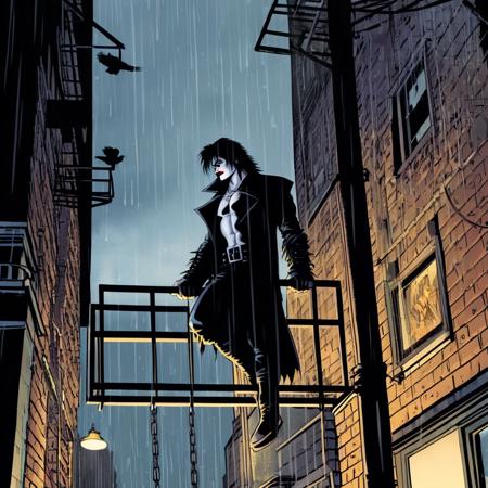 comic book art of  <lora:Eric Draven The Crow:1.2>
Eric Draven The Crow a drawing of a man on a scaffolding hotel sign in dark alley in rain Graphic Novel Style, comic art, graphic novel illustration