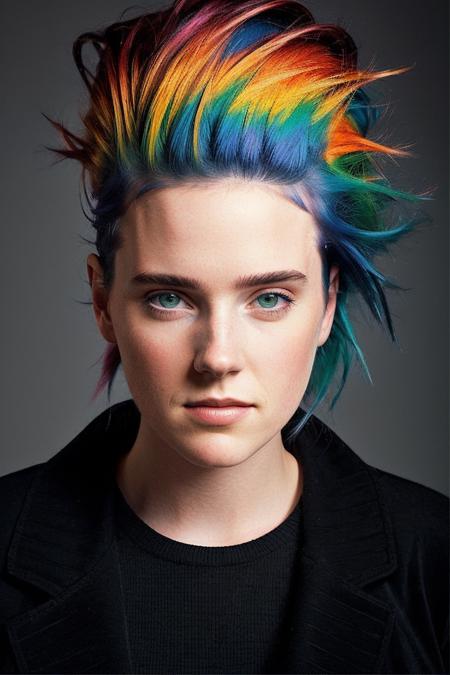 a professional portrait photo of jncnl, by Flora Borsi, style by Flora Borsi, bold, bright colours, (rainbow Mohawk hair), (Flora Borsi), 20 megapixel, canon eos r3, detailed, detailed face,
