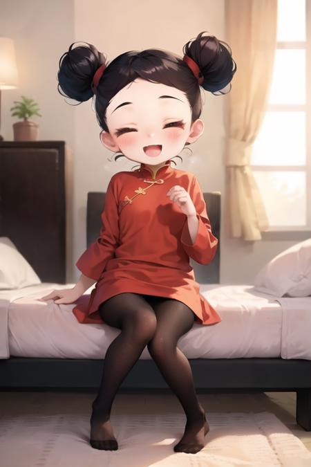 chibi, pucca, double bun, red dress, chinese clothes, black pantyhose,closed eyes, :d, bedroom <lora:pucca-000003:1>