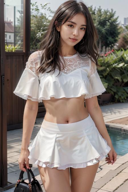 detailed, beautiful, cute, full body shot, scenic view, professional photo
<lora:Micro Crop & Skirt By Stable Yogi:0.8> crimson micro crop top, frills, lace, micro skirt