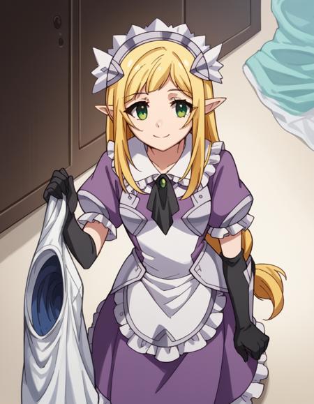 efil, long hair, blonde hair, green eyes, pointy ears, elf, low-tied long hair, gloves, dress, black gloves, elbow gloves, armor, maid, maid headdress,