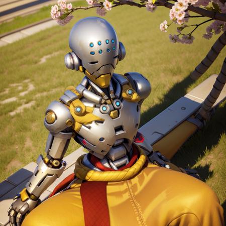 zen, floating, meditative position, omnic, robot, robot parts, male focus, (masterpiece, highly detailed), no humans, sakura blossoms, eyes, (slanted eyes:1.4), droopy eyes, overwatch, zenyatta, solo,  <lora:Zenyatta:1>, sitting in grass, cowboy shot, yellow pants, red cloth, floating