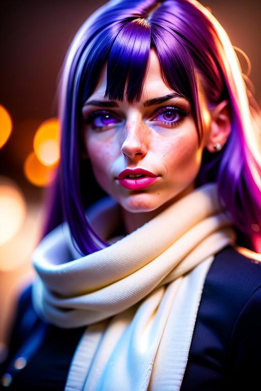 Closeup portrait of \(waifu: Gabi\), wearing a white scarf and a black coat, outdoors, winter, daylight, snowing, gabi, purple_hair, purple_eyes