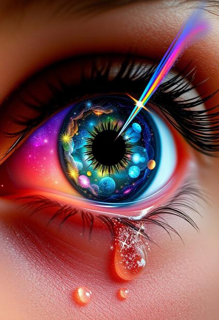A single, opened eye stares out, its iris a swirling vortex of enchanting imagery. The eye's insides are a kaleidoscope of colors, with delicate, shimmering patterns and vibrant, glowing shapes. As the eye begins to leak, the images spill out, like a puddle of imagination and magic, spreading across the surrounding surface. A tiny, iridescent shooting star emerges from the eye's corner, its colorful tail trailing in a hypnotic rhythm. Nearby, a sprinkle of glittering, stardust twinkles, as if the cosmos itself has been distilled into this tiny, shimmering pool. Every detail of the scene is meticulously rendered, from the intricate, lace-like patterns on the eye's surface to the delicate, sparkling tears that well up in its corner. The overall effect is one of breathtaking, surreal wonder, as if the very fabric of reality is being rewritten by the power of imagination. highest-Quality, intricate details, visually stunning, Masterpiece