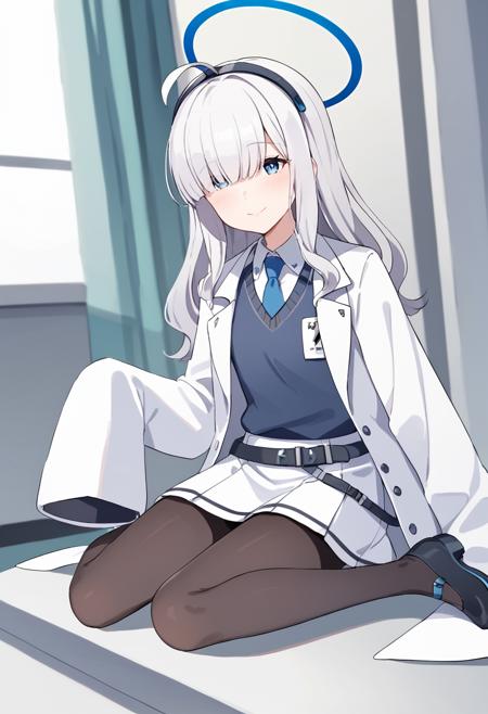 millennium-mob-b, hair over eyes,blue eyes,white hair,long hair,ahoge,halo,headband,white coat,sleeves past fingers,sweater vest, necktie, white skirt, black pantyhose,black footwear