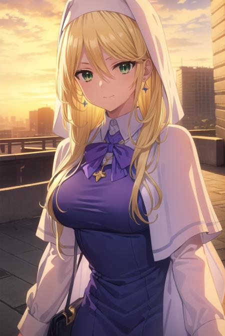 sharonholygrail, <lora:sharon holygrail s1-lora-nochekaiser:1>,
sharon holygrail, long hair, blonde hair, hair between eyes, (green eyes:1.3), smirk
BREAK bow, jewelry, earrings, bowtie, necklace, purple bow, nun, habit, purple bowtie, capelet, white capelet,
BREAK outdoors, city, sky, sun, clouds, crowd, people, 
BREAK looking at viewer, (cowboy shot:1.5),
BREAK <lyco:GoodHands-beta2:1>, (masterpiece:1.2), best quality, high resolution, unity 8k wallpaper, (illustration:0.8), (beautiful detailed eyes:1.6), extremely detailed face, perfect lighting, extremely detailed CG, (perfect hands, perfect anatomy),