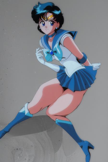 masterpiece, best quality, <lora:last sailor mercury:0.7>, 1girl, blue eyes, blue hair, earrings, gloves, leotard, pleated skirt, short hair, white gloves, miniskirt, sailor collar, choker, brooch, bowtie, bow, blue skirt, knee boots, full body, high heel boots, sailor senshi uniform, tiara, kneepits, 1990s \(style\), sailor mercury