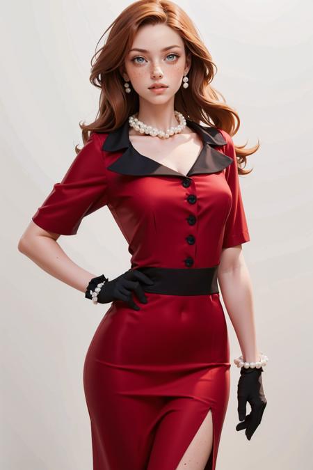 v1ntag3dr3ss, black gloves, red dress, pearl necklace,