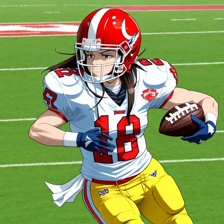 anime magical girl playing American football wearing full football uniform, long flowing hair, eyeblack, football helmet, kinetic action, cartoonish, anime style, hand drawn, cute, beautiful, perfect face, perfect hands, football object, feminine, womanly, ladylike,