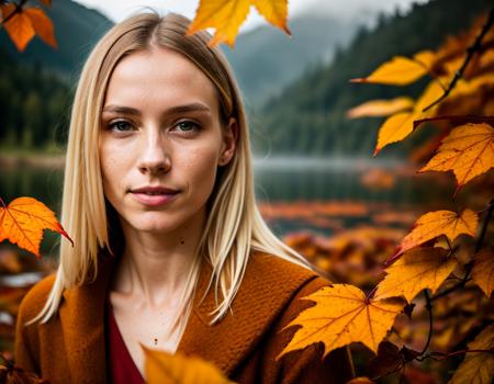 kkw-Autumn intricate detail and best quality editorial photograph, analog style, 20 yo Chinese with bleached blonde hair and hazel eyes, female supermodel, thin tall body type, realistic skin details, smooth skin textures, natural symmetrical face, circular symmetrical eyes, knowing eyes, water up to neck, submerged in a pristine mountain lake, looking at viewer, shot on Fujifilm Superia 400, natural light, realistic raytracing, full body shot, cinematic composition, professional color grading, thick fog volumetric haze lighting, morning light, retouch perfect hands, f/1.8, 24mm, (kkw-ph-2:1.001)