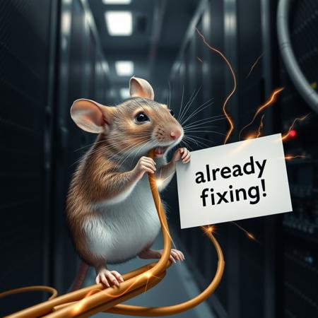 photo of a mouse gnawing on a sparking cable in a server room, holding a sign that says "already fixing"