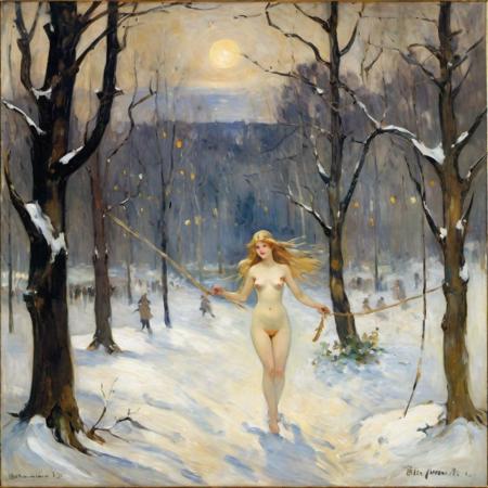impressionist painting by Berthe Morisot, very rough painting with visible paint strokes, pagan ritual in dark forest, midwinter night, mystic glow, nude in snow storm, flowing hair, bare breasts, almost naked dancing girls, rope belts, a crows of onlookers, audience clapping hands, religious items hanging in the trees,