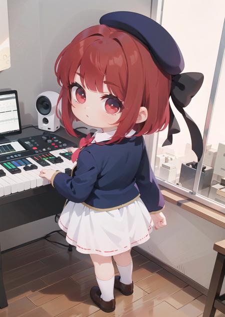 a recording studio,   <lora:arima_kana:0.8> arima_kana, short hair, hat, shirt, bow, long sleeves, beret, red hair, jacket, red eyes, bowtie, white shirt, collared shirt, skirt, full body, from behind, looking at viewer, from above,