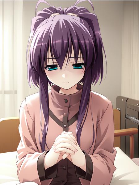 ImazekiRinko,antenna_hair, ponytail, green_eyes, purple_hair,