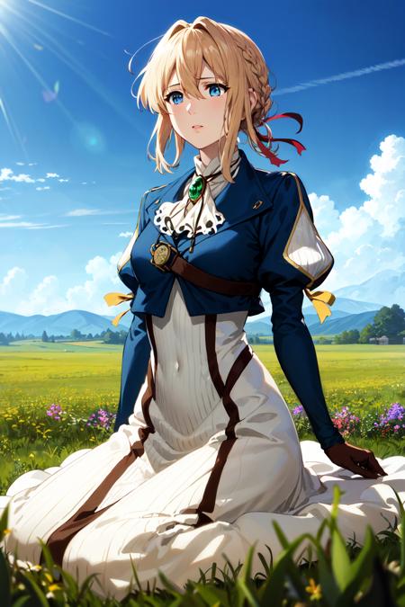 masterpiece, best quality, highres, violet evergarden, braid, hair ribbon, red ribbon, jewelry, white ascot, brooch, blue jacket, long sleeves, brown gloves, white dress, long dress, <lora:violet_evergarden_v1:0.7>, wariza, hand on own chest, grass, field, flower