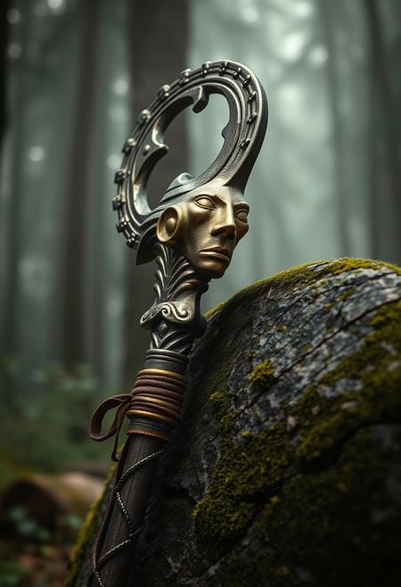 A hyper-realistic portrait, photorealistic photo close-up image of a magical bronze sculpture of a gpu graphics card headed staff gleaming with magic power leaning against a moss-covered stone in a dense, misty forest. the mage staff is weathered, with worn leather and gold on the handle, but gleams with a fierce history. Ultra sharp detail, flawless composition, muted natural colors, High Definition HD, ancient warrior aesthetic, cinematic lighting, perfect outdoor realism, bokeh.(photography, high-resolution, dynamic, energetic, hyper-realistic, dramatic lighting, shallow depth of field.),