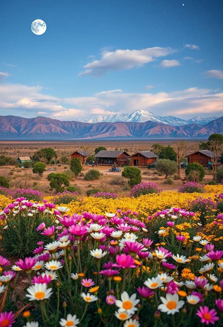 White, pink, yellow, colorful flower fields, acacia trees, tall wooden village buildings, mountains in far distance, bustling village, savannah wilds, arid prairie, detailed scenery, full moon, night, clouds, starry sky, milky way, 
best quality, sharp focus, high contrast, colorful, ultra quality, 8k, best quality,