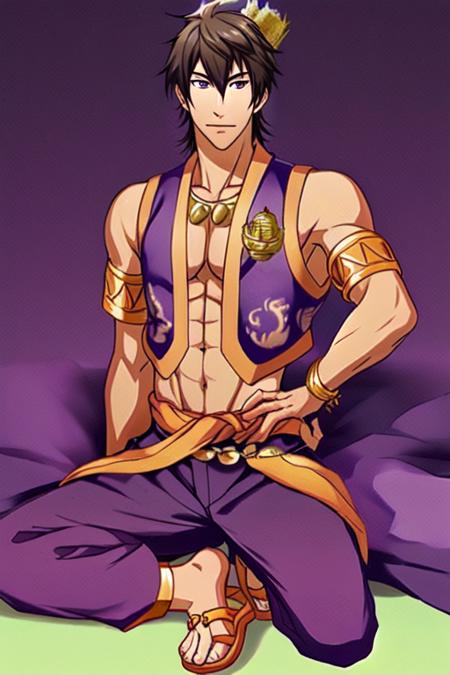 Kokuuzou mini crown bracelet purple vest gold trim bare pectorals bare shoulders gold belt harem pants