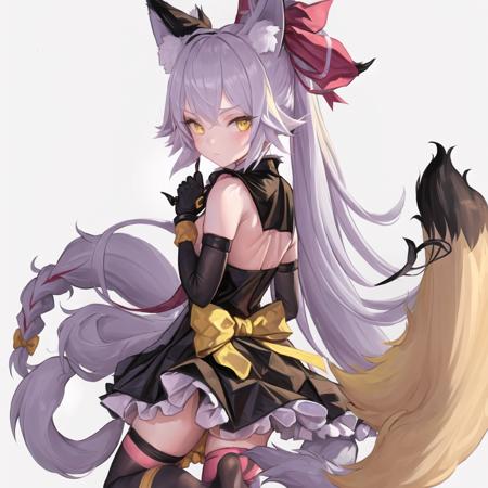 1girl, elbow gloves, fox ears, fox tail, gloves, hair ribbon, long hair, ribbon, tail, yellow eyes <lora:Fkey:0.7>