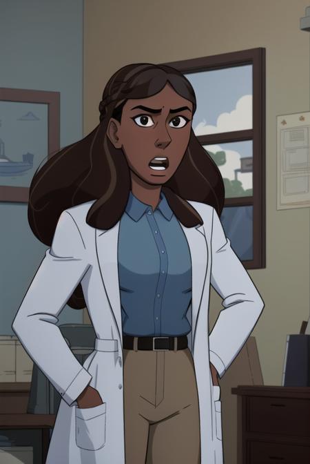 <lora:priyanka_maheswaran:0.8>, priyanka maheswaran, masterpiece, best quality, 1girl, solo, brown hair, long hair, open mouth, dark skin, shirt, blue shirt, indoors, labcoat, long sleeves, belt, dark-skinned female, parody, upper body, black eyes