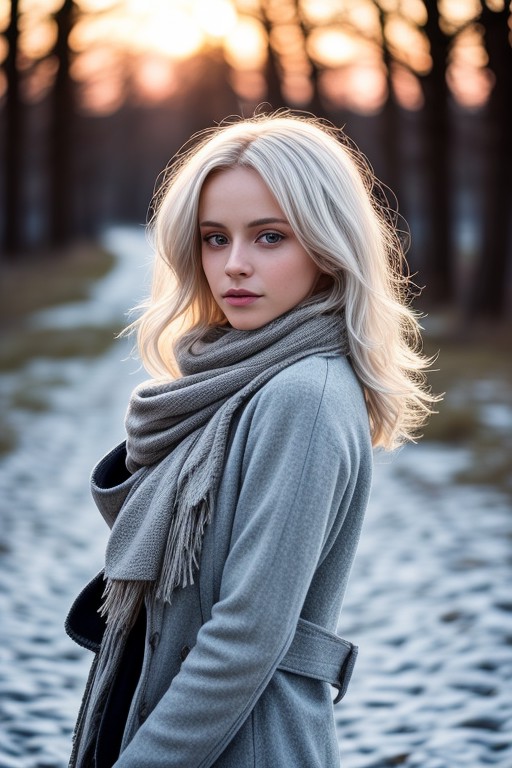 best quality, masterpiece, platinum blonde hair,  girl,, winter clothes, windy, frosty, windswept hair, sunset <lora:PAsee...